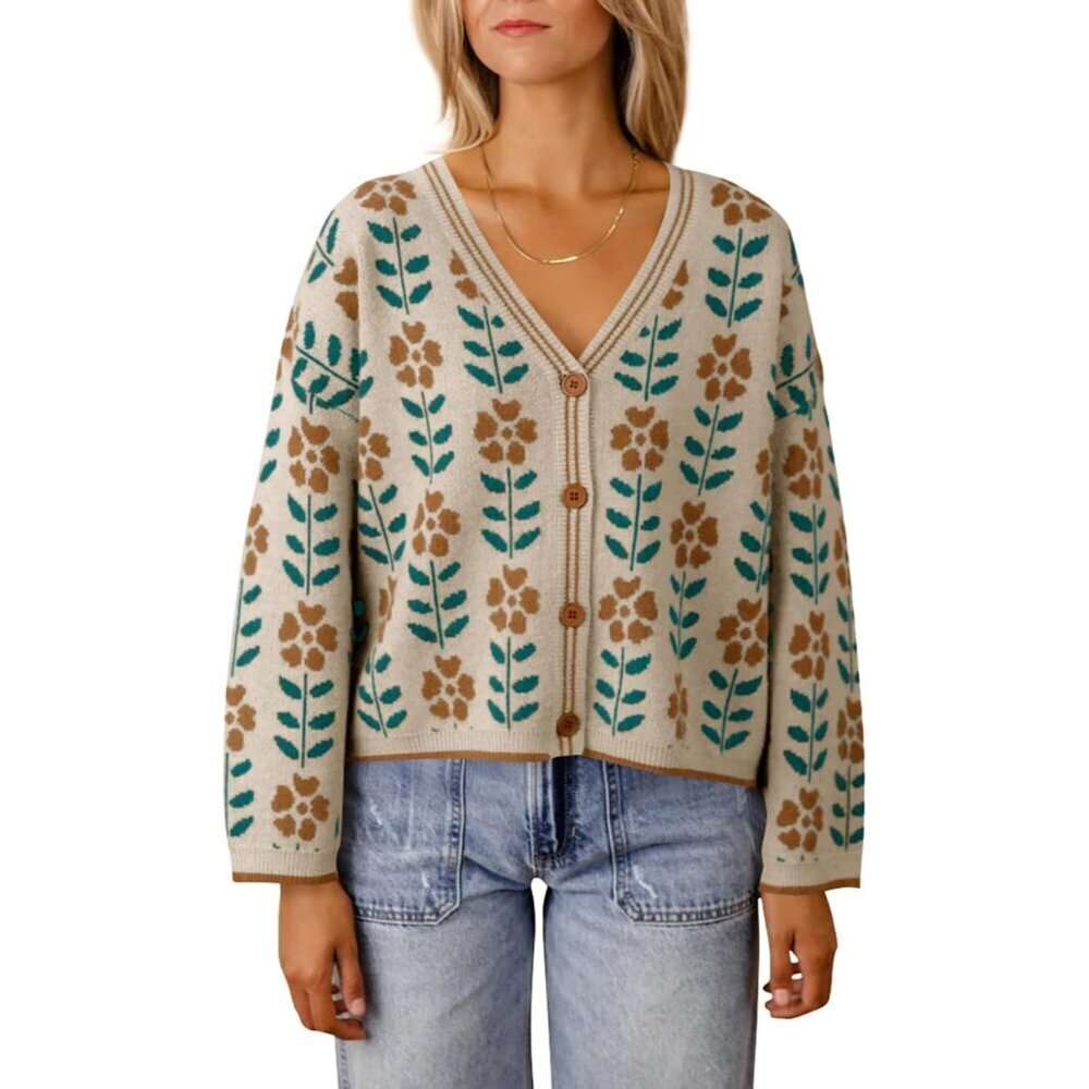 Womens Floral Print V Neck Cardigan Knit Sweater Long Sleeve Loose Fash